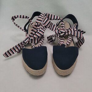 JustFab Navy Blue White Brown Ballet Tie Espadrilles Size 8.5
